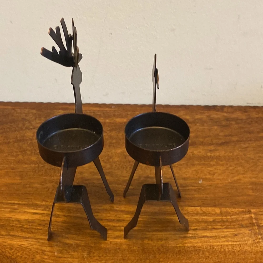 Vintage PartyLite Metal Deer Candle Holders Pair Bronze Buck & Doe Set